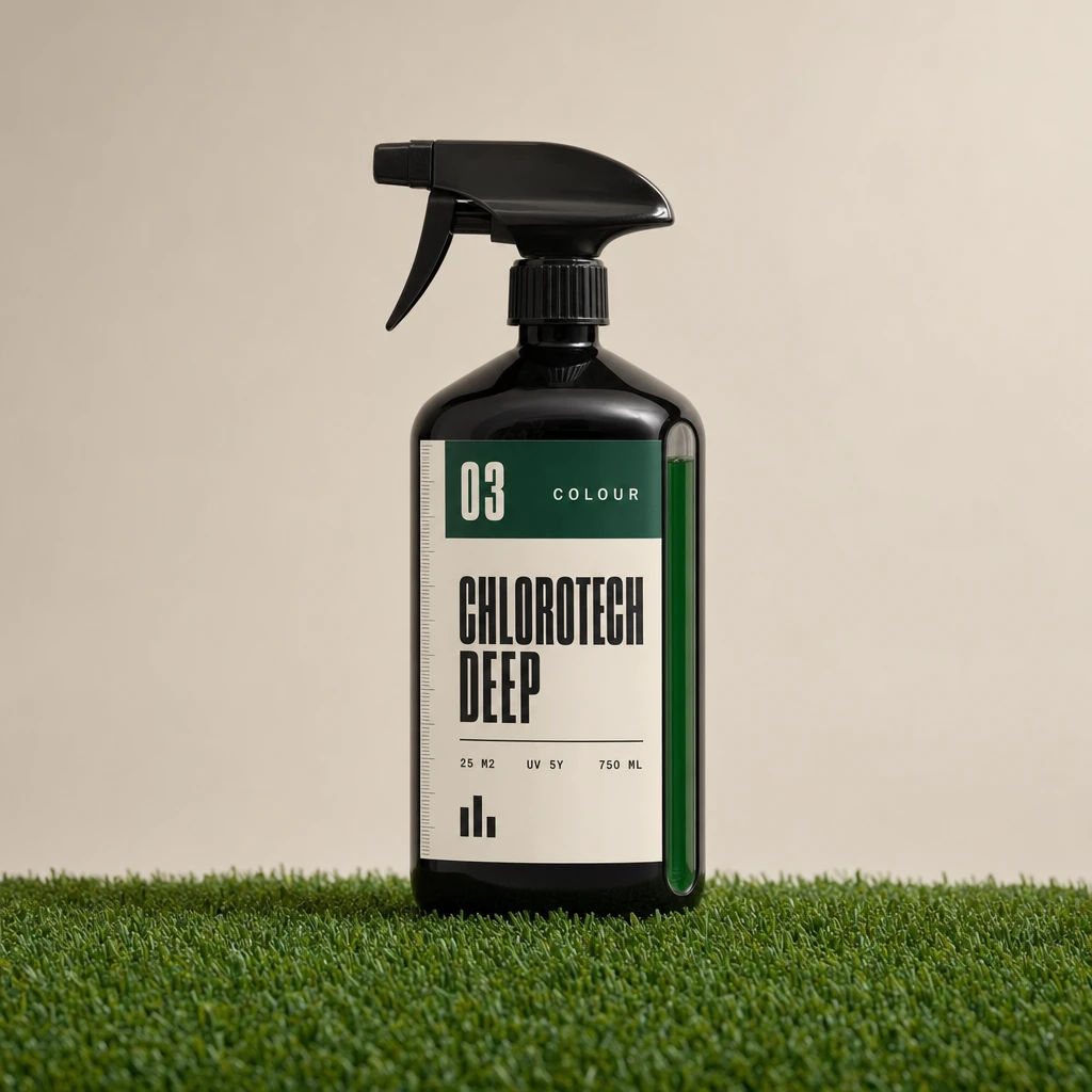 CHLOROTECH DEEP fekete, szórófejes 750 ml-es flakon, „03 COLOUR” fejlécű címkével és smaragdzöld szintjelző csíkkal.