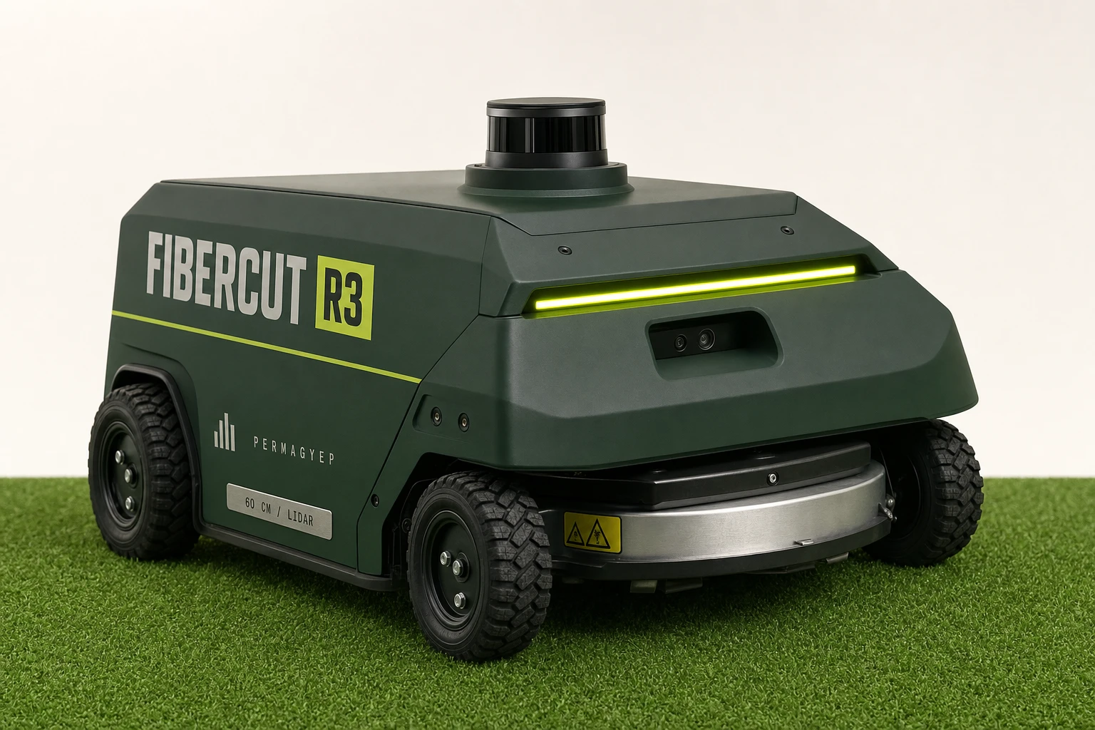 A FiberCut™ R3 autonóm robotegység LIDAR-toronnyal, mélyzöld házán FIBERCUT R3 jelöléssel és lime akcentcsíkkal.