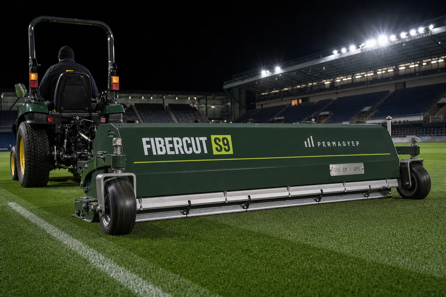 A FiberCut™ S9 vontatott hídegység éjszakai műszakban a megvilágított stadionpályán, oldalán FIBERCUT S9 jelöléssel.