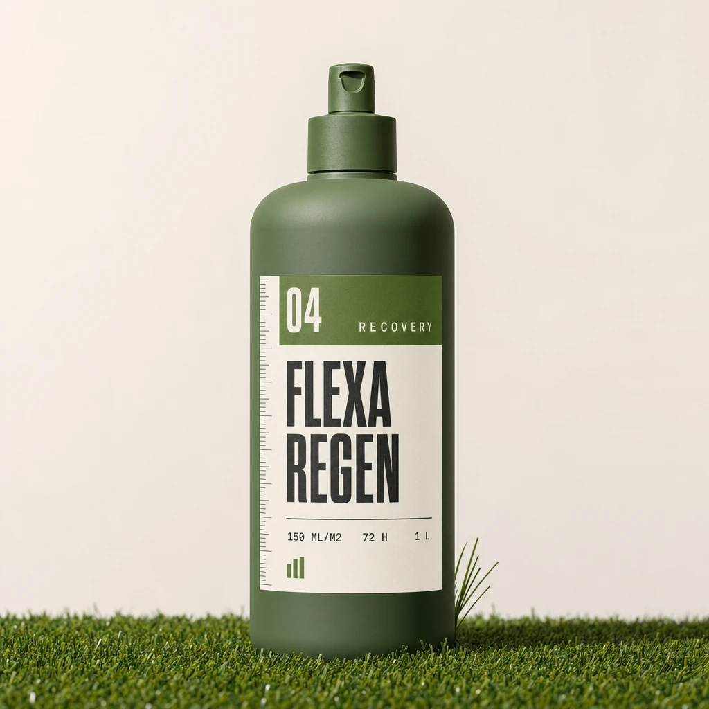 FLEXA REGEN 1 literes gyepzöld flakon felhajtható applikátorral, „04 RECOVERY” fejlécű címkével.