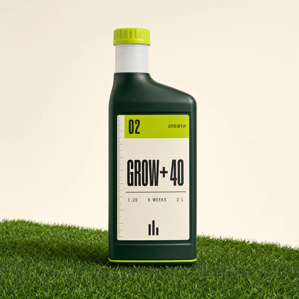 GROW+ 40 karcsú 2 literes koncentrátum flakon lime kupakkal, „02 GROWTH” fejlécű címkével.