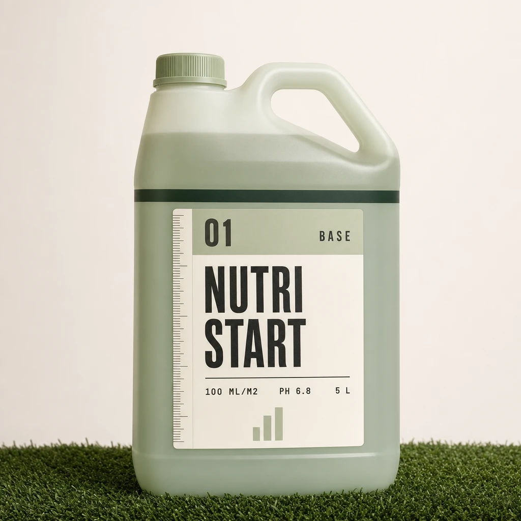 NUTRI START™ 5 literes kanna oldalfogantyúval, „01 BASE” fejlécű címkével, műfűszeleten.