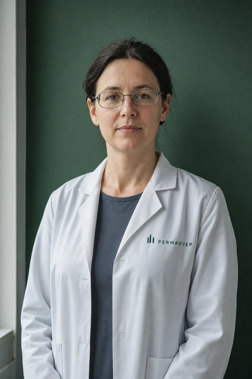dr. Barlay Zsófia kutatási vezető fehér laborköpenyben, a mellrészén a háromsávos PERMAGYEP jellel.