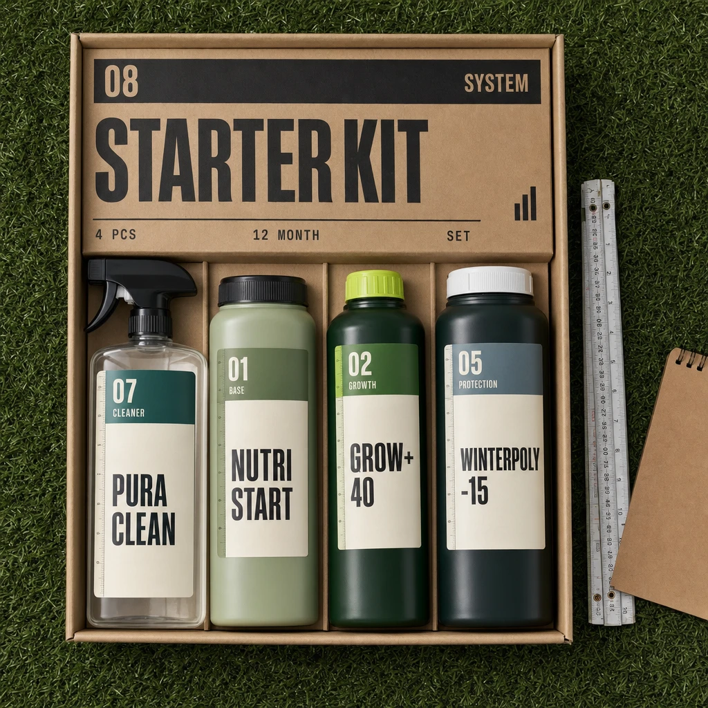 STARTER KIT ÉV: PURA CLEAN, NUTRI START, GROW+ 40 és WINTERPOLY −15 kraftdobozban, mérőléccel és jegyzetfüzettel, felülnézetből.