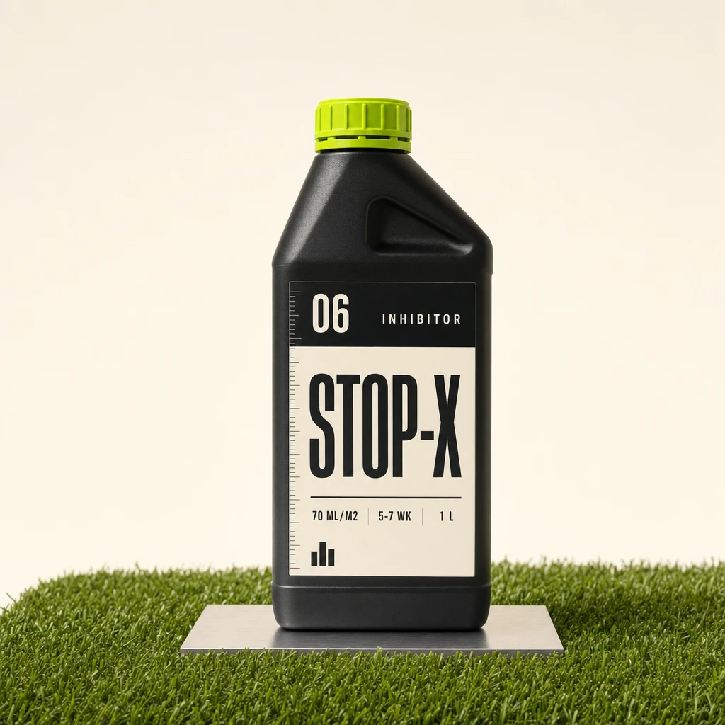 STOP-X szögletes, szénfekete 1 literes flakon lime gyermekbiztos kupakkal, „06 INHIBITOR” fejlécű címkével.