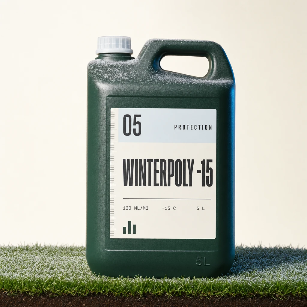 WINTERPOLY −15 sötétzöld 5 literes kanna jégfehér kupakkal és dérrel, „05 PROTECTION” fejlécű címkével.